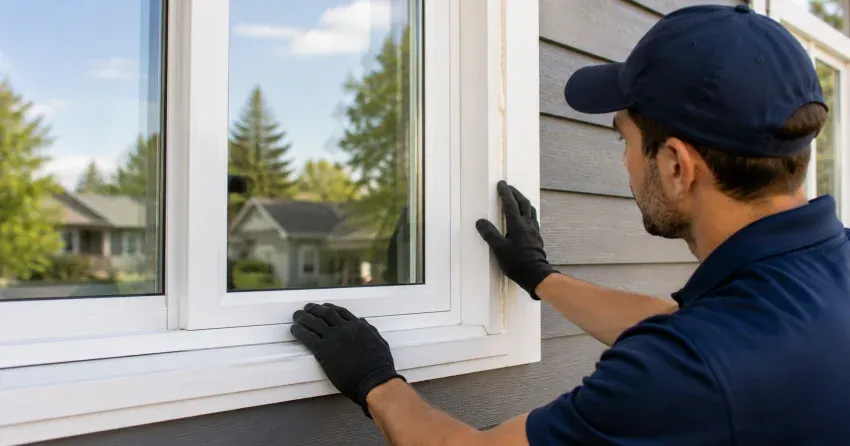 technician comparing full-frame and retrofit window replacement options in Courtice