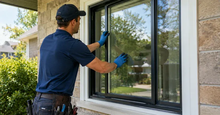 technician measuring a broken window pane for replacement in Courtice
