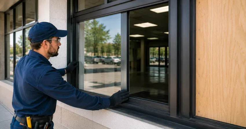 technician boarding a broken window after a break-in in Courtice