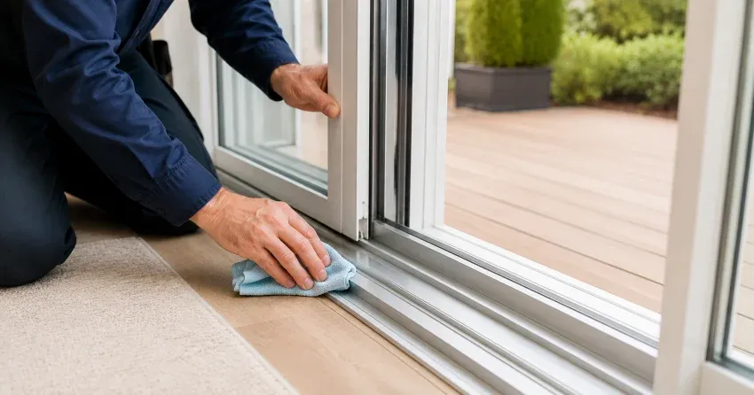 technician inspecting a sliding patio door track in Courtice