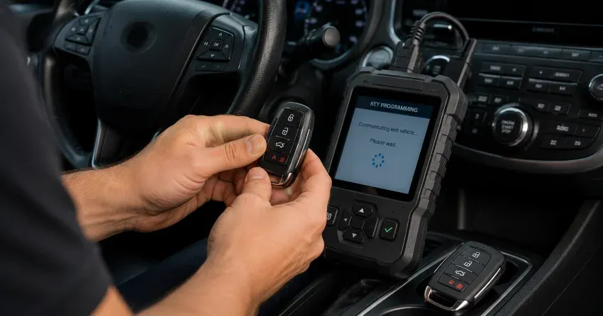 technician inspecting a worn car key before replacement in Courtice