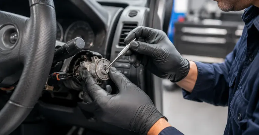 technician diagnosing an ignition lock repair issue in Courtice