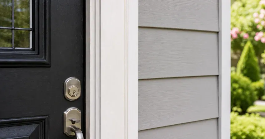 technician inspecting door jamb behind cracked casing in Courtice home