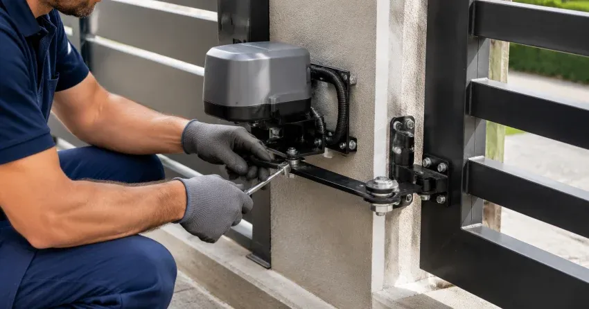 technician diagnosing automatic gate motor and control panel in Courtice