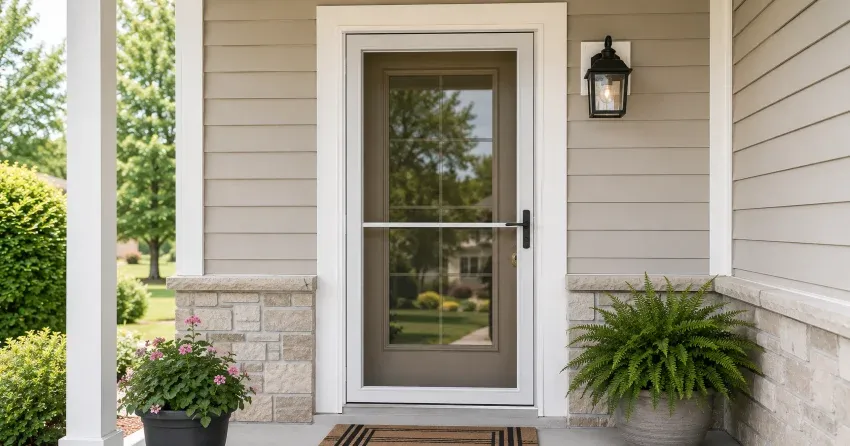 technician hanging storm door square and plumb in Courtice