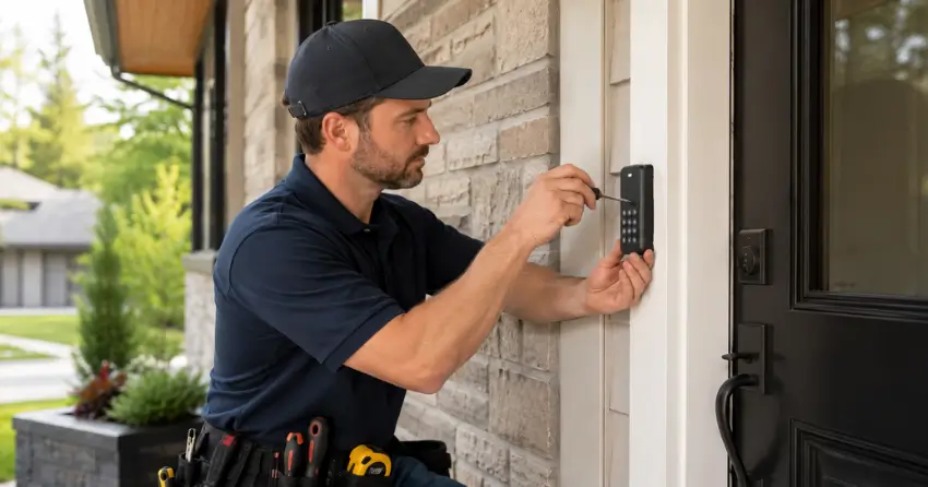 Technician installing an access control system keypad beside a residential front door in Courtice