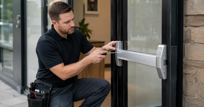 commercial locksmith repairing exit device on storefront door Courtice