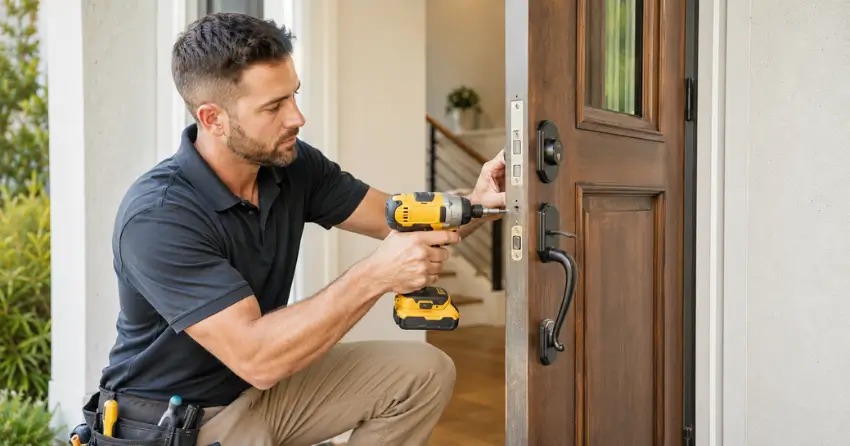 locksmith installing new deadbolt lock on front door in Courtice