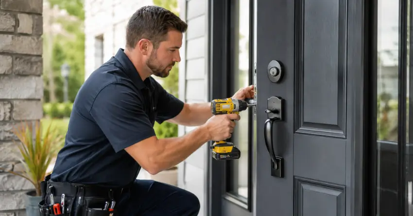 locksmith installing deadbolt lock on exterior door in Courtice