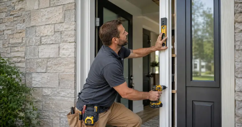 technician installing a new exterior door frame in Courtice
