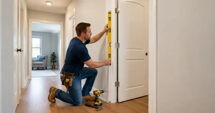 technician installing a pre-hung interior door in a home hallway Courtice