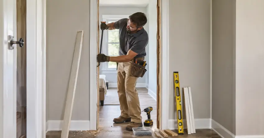 technician removing an old interior door frame during installation Courtice