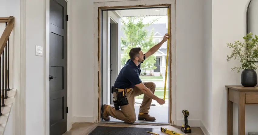 technician measuring a door frame before new door installation in Courtice