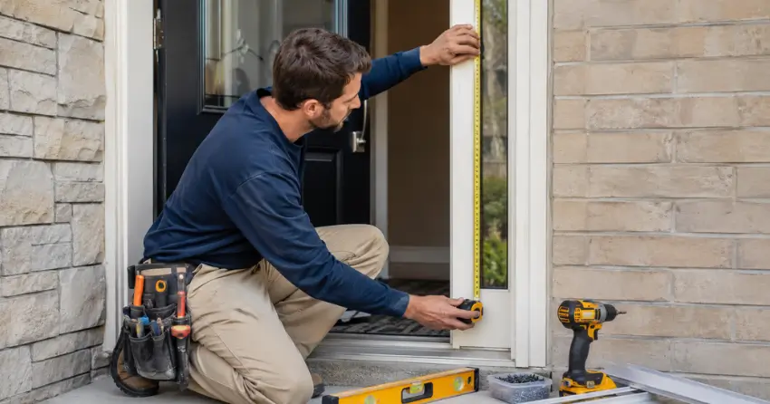 technician measuring door frame before storm door install in Courtice