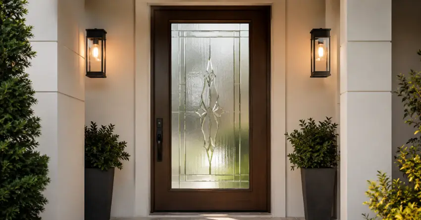 decorative frosted glass panel installed in a front door in Courtice