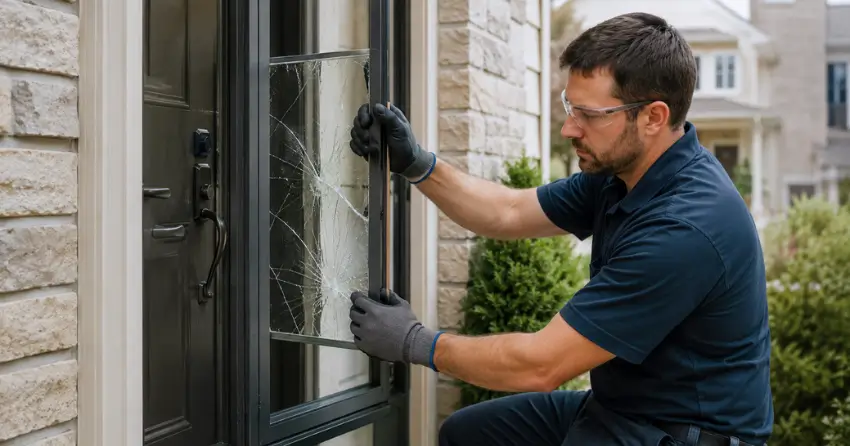 technician removing cracked storm door glass panel in Courtice