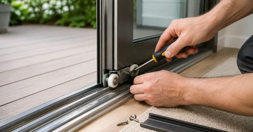 sliding door fix Courtice technician diagnosing track issue