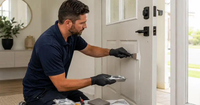 technician repairing fiberglass door surface crack in Courtice