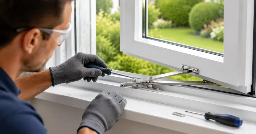 automatic door technician inspecting sensor and control panel in Courtice