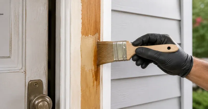 technician probing rotted wood on a door frame in Courtice