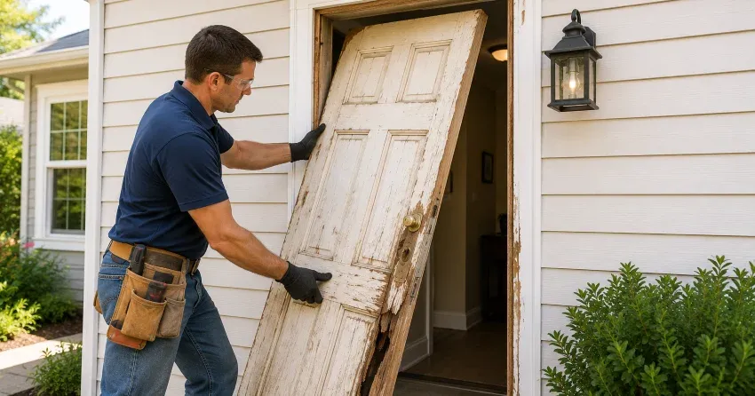 warped exterior door frame showing weather damage in Courtice