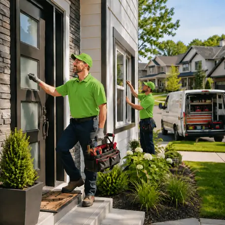 Local technicians working on entry doors, patio sliders and replacement windows throughout the service area